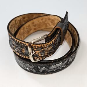 Vintage Stetson Leather Tooled Men's Leather Belt "Acorn pattern" silver buckle